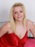 Sweet blonde strips out of her sexy red nightie and shows you her big boobs