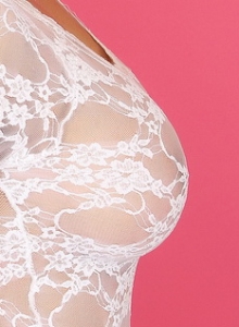 Alluring Vixens: Busty Alluring Vixen tease Lauren Ashley shows off her big juicy tits in a white lace semi sheer top