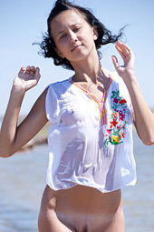 Sexy brunette teen posing bottomless on the beach