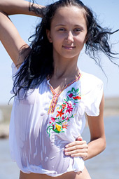 Sexy brunette teen posing bottomless on the beach