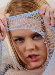 SpunkyAngels: Cute Spunky Angel Bri Skies teases as she rips her grey fishnet stockings open exposing her tight teen pussy
