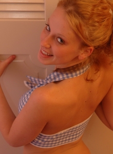 SpunkyAngels: Blonde teen Lucky loves to show off her big tits as she strips out of her country checkered top