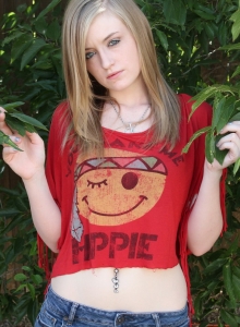 SpunkyAngels: Tiny blonde tease Mandy Roe strips out of her cute little hippy outfit outside in the backyard