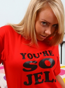 SpunkyAngels: Busty british blonde babe Millie Fenton strips out of her matching bra and booty shorts exposing her big juicy tits