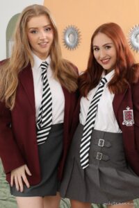 Only Tease Jen Loveheart and Rachelle in college uniforms