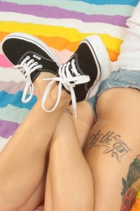 UKTeaze: Rachael in purple panties and jean shorts